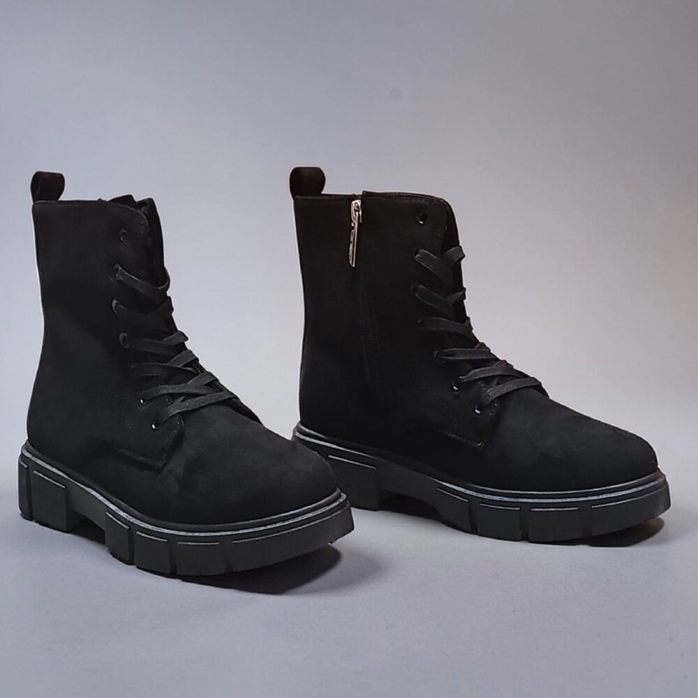 Black Chunky Platform Lace-Up Ankle Boots With Side Zipper Faux Suede Material W